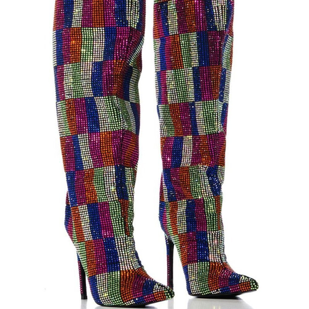 AZALEA WANG " GLOBAL CHECKMATE " MULTI CHECKERBOARD RHINESTONE  BOOT(BRAND NEW !